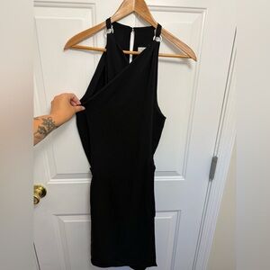 Max Mara Black Sleeveless Wrap Dress Size 8 90s Vintage Metal Accents Designer